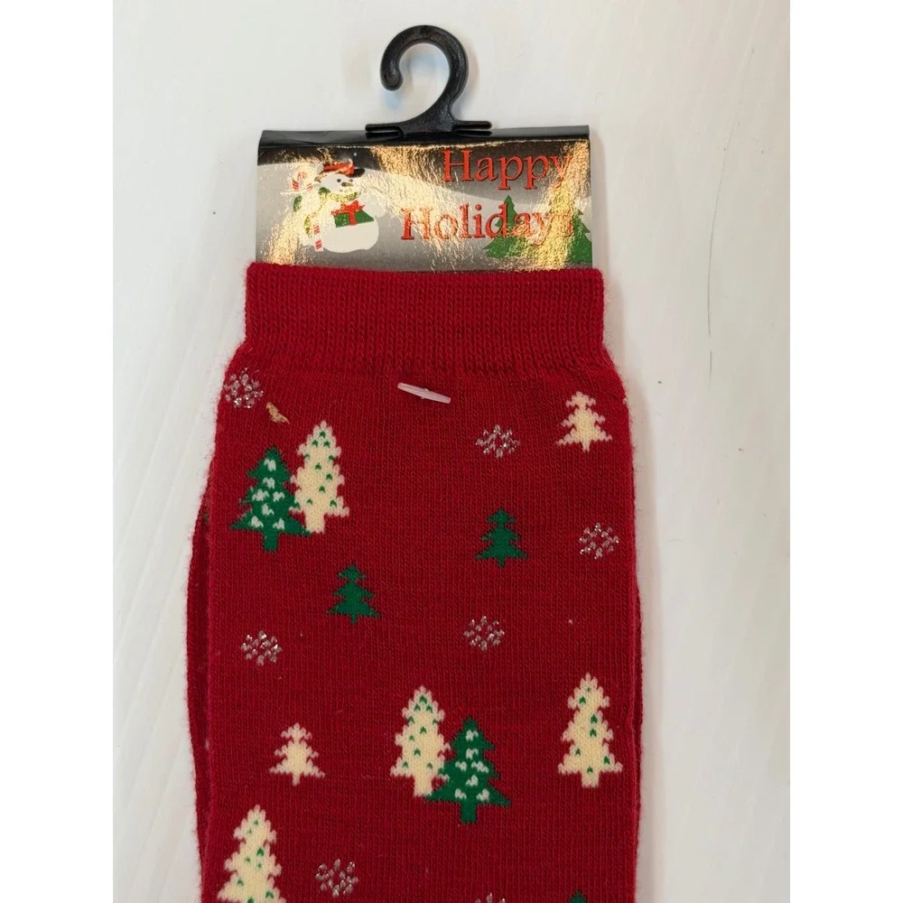 Happy Holiday Socks Red Christmas Tree Snowflake Festive Knit Crew Women OS 4-10